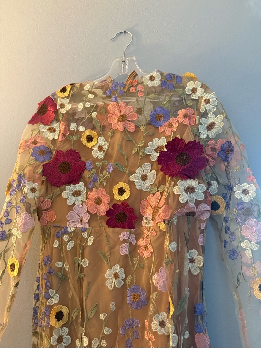 Embroidered Floral Sheer Maxi Dress – Multicolor on Nude - Picture 4 of 8